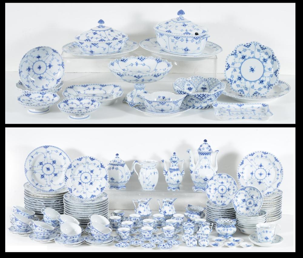 127 piece Royal Copenhagen "Blue Lace" open pattern dinnerware service. To include 14 teacups and saucers, 12 demi-tasse and saucers, 1 coffee cup with saucer, 11 butter plates in 2 patterns, 2 sets of salt & pepper s... sold by Tremont Auctions, lot 393 — auction record photograph