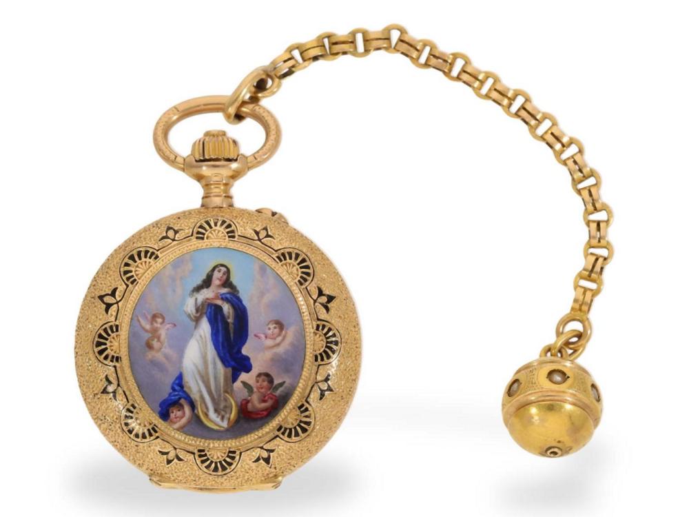 Pocket watch: gold/enamel hunting case watch with fine painting after paintings by Batolome E. Murillo, ca. 1890 sold by Cortrie Spezial Auktionen, lot 4176 — auction record photograph