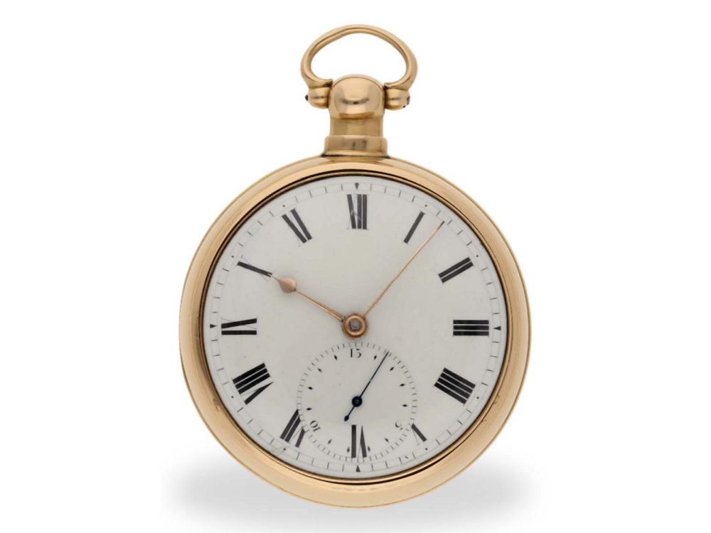 Pocket watch: rarity, an early Liverpool rack lever watch with pirouette 15-seconds scale, Hallmarks 1814 sold by Cortrie Spezial Auktionen, lot 4229 — auction record photograph