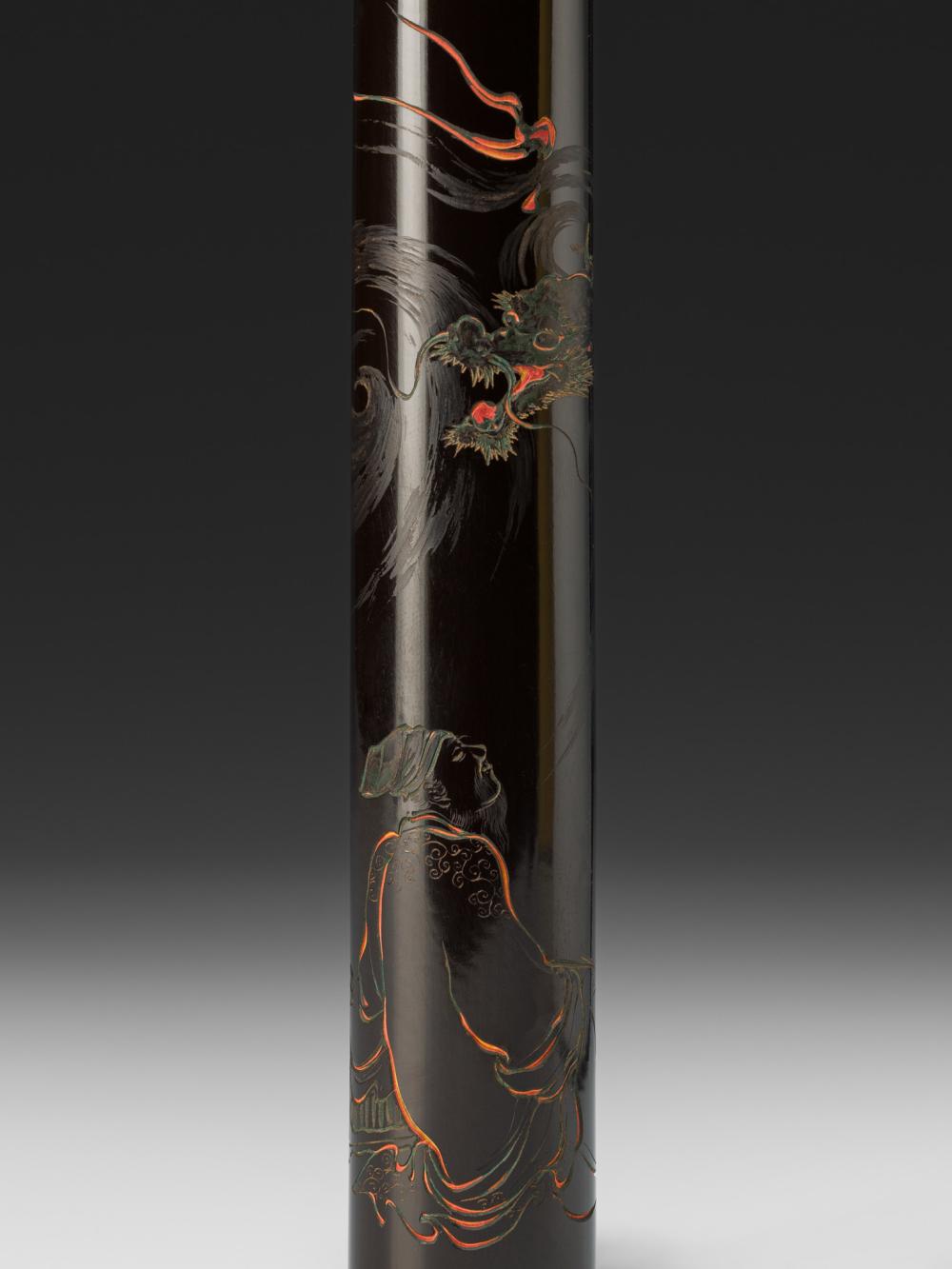 YOSAI: A FINE BLACK LACQUER KISERUZUTSU OF GO DOSHI PAINTING A DRAGON sold by Galerie Zacke, lot 44 — auction record photograph
