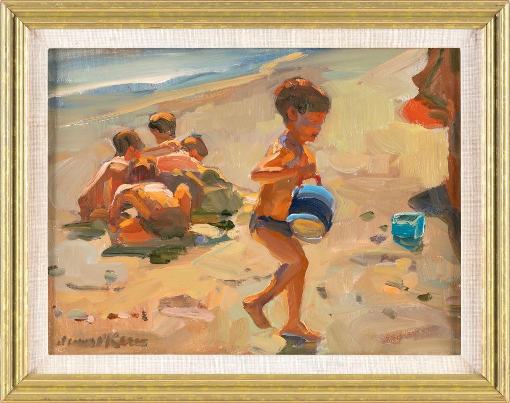 James P. Kerr comparable auction result: james p kerr florida north carolina 1953 the blue bucket a scene of children on the beach oil on canvas 12 x 16 framed 15 x 19