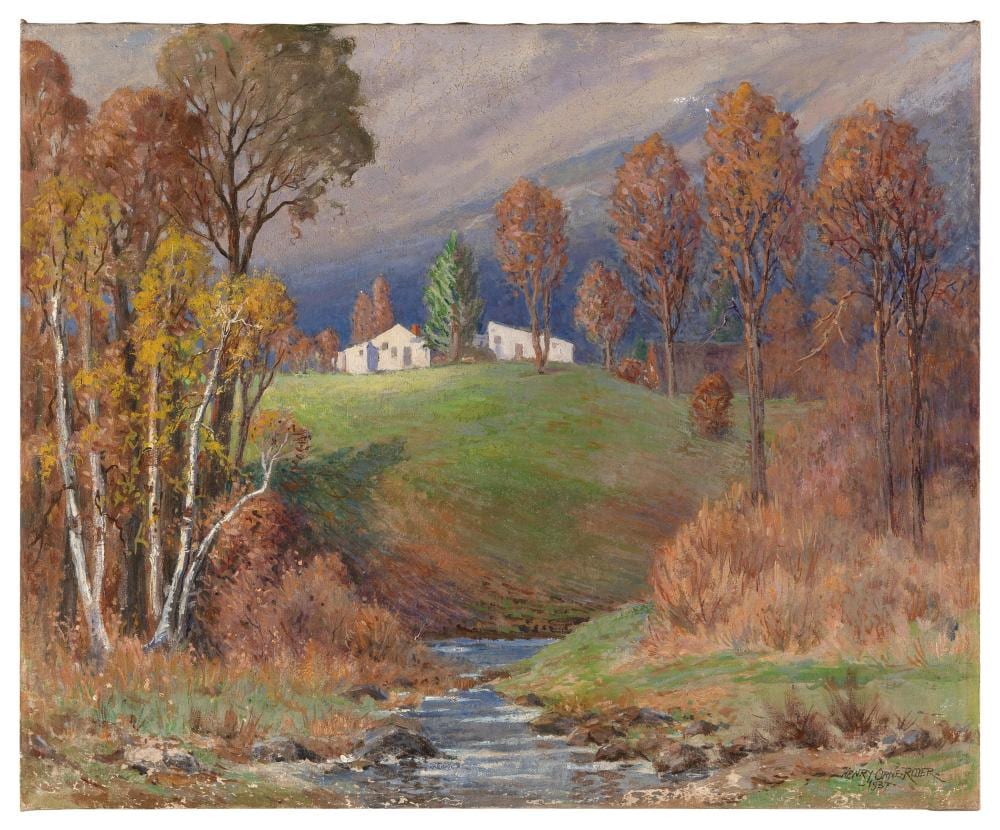 Henry Orne Rider comparable auction result: henry orne rider massachusetts 1860 1943 passing showers early autumn an early auburndale scene oil on canvas 25 x 30 25 unframed