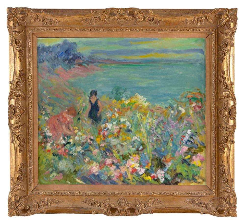 Albert Mohr comparable auction result: albert mohr new york france 1918 picking flowers oil on canvas 24 x 28 framed 33 x 37