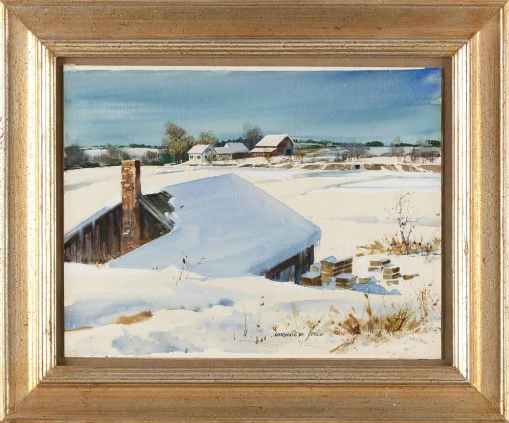 marshall woodside joyce massachusetts 1912 1998 farm buildings under a blanket of snow watercolor on paper 10 x 13 framed 14 75 x 17 75 · Eldred's · 2024-10-24 Marshall Woodside Joyce comparable auction result: marshall woodside joyce massachusetts 1912 1998 farm buildings under a blanket of snow watercolor on paper 10 x 13 framed 14 75 x 17 75