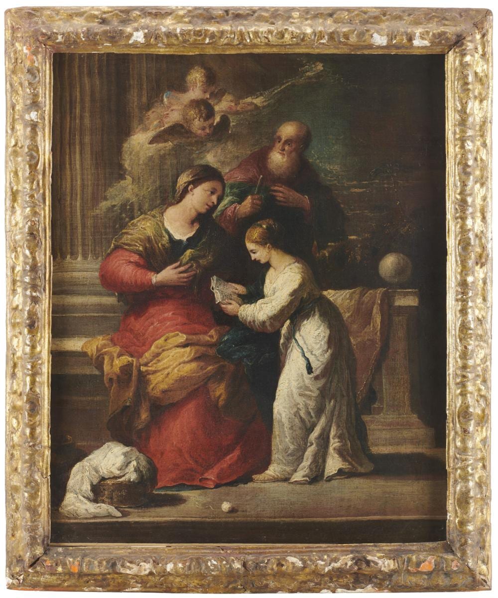 Gregorio Lazzarini comparable auction result: gregorio lazzarini attr education of the virgin oil on canvas 61x50 5 cm framed defects