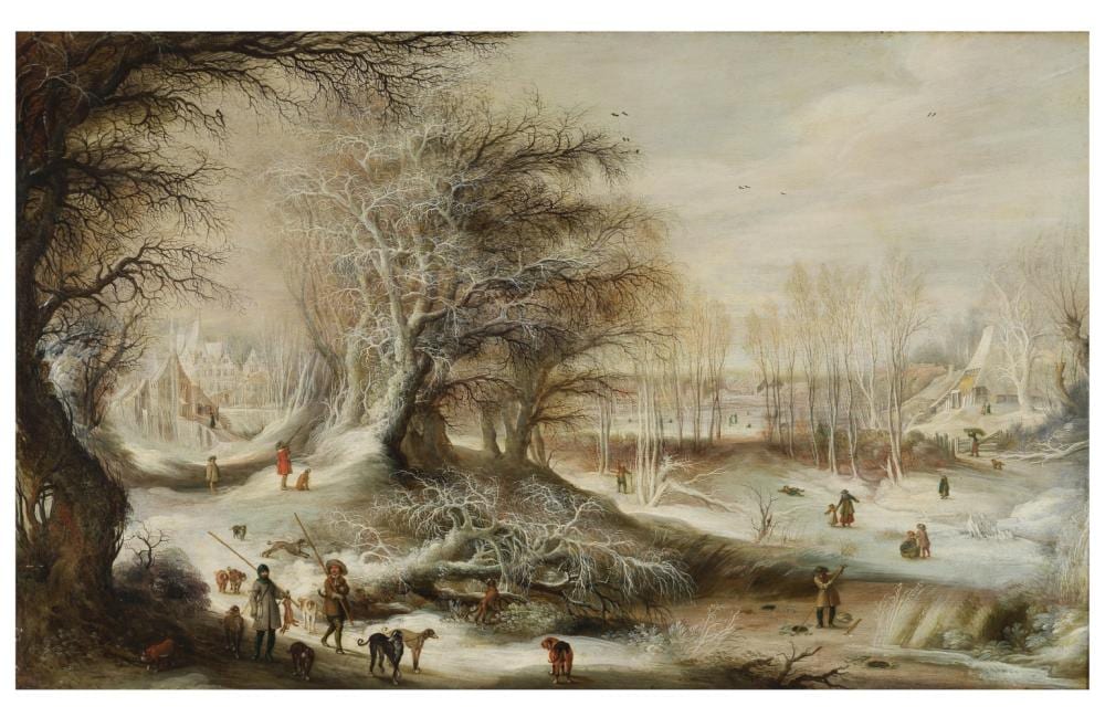 Gijsbrecht Leytens comparable auction result: gijsbrecht leytens anvers 1586 1656 paysage d hiver avec p cheurs et chasseurs au abords d un village et enfants jouant sur une rivi re gel e