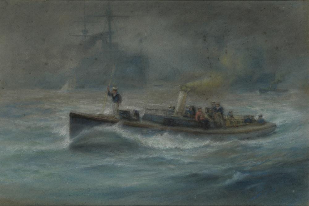 George Cochrane Kerr comparable auction result: george cochrane kerr british 1825 1907 royal navy steam launch in mist