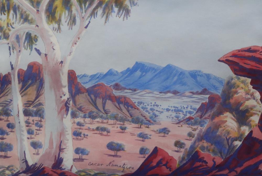 Oscar Namatjira comparable auction result: oscar namatjira watercolour on paper ghost gums west macdonnell ranges signed lower middle approx 53cm 35 5cm see verso for photo and gallery documentation