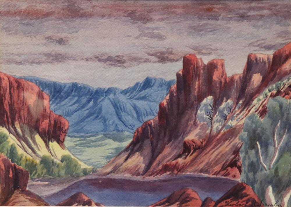 Herbert Raberaba comparable auction result: herbert raberaba watercolour landscape scene signed lower right approx 36cm x 26cm note frame is wrong size for matting