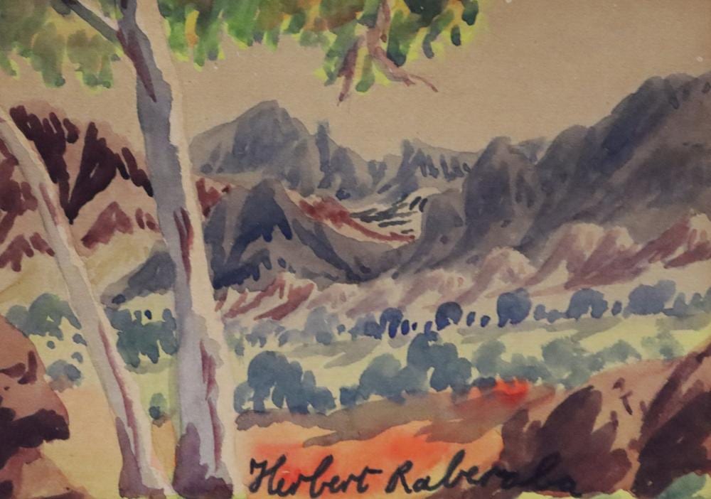 Herbert Raberaba comparable auction result: herbert raberaba watercolour central australian landscape with gum trees signed lower middle approx 23cm x 17cm