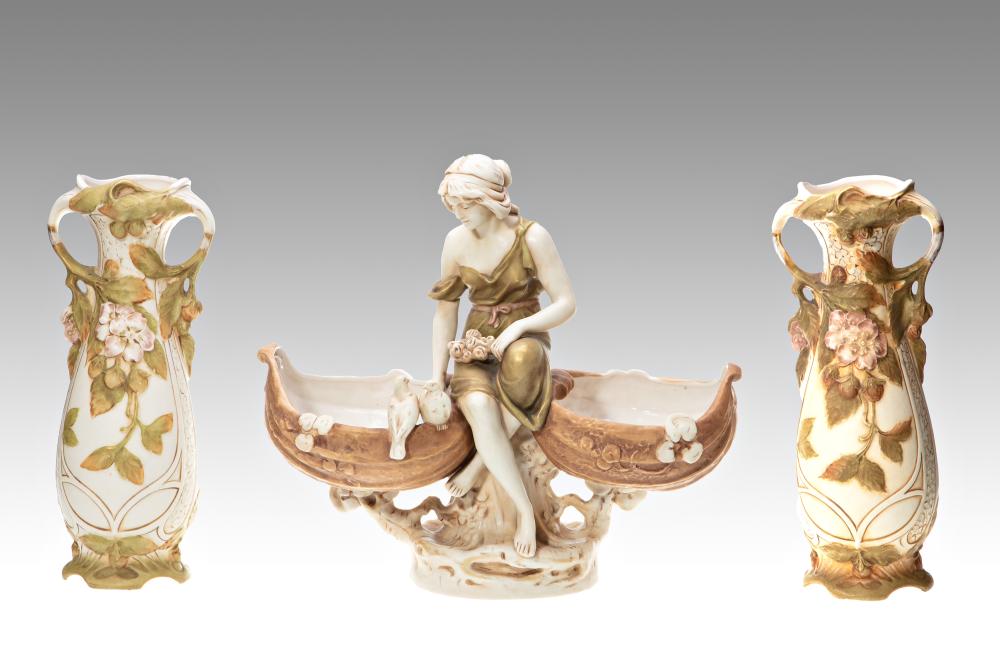 ART NOUVEAU JARDINIERE AND PAIRED VASES | Royal Dux (Czech / Bohemian 1st half of the 20th century) sold by Einszwei Gallery, lot 77 — auction record photograph