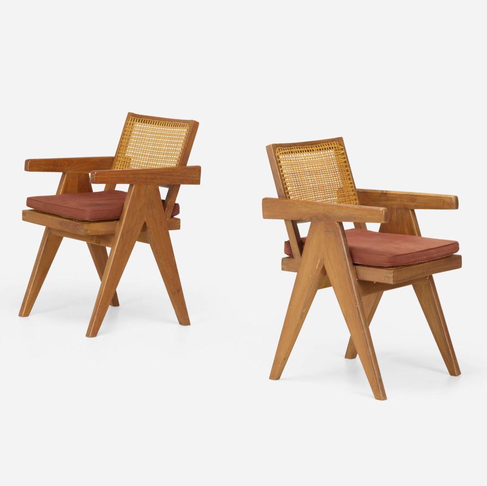 Pierre Jeanneret, Office Cane chairs from Chandigarh, pair sold by Wright, lot 235 — auction record photograph