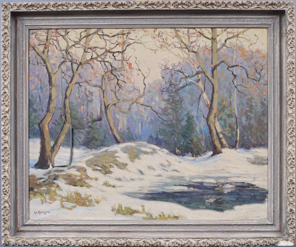 walter koeniger 1881 1943 antique american impressionist framed winter landscape oil painting · Curated Gallery Auctions · 2024-11-03 Walter Koeniger comparable auction result: walter koeniger 1881 1943 antique american impressionist framed winter landscape oil painting