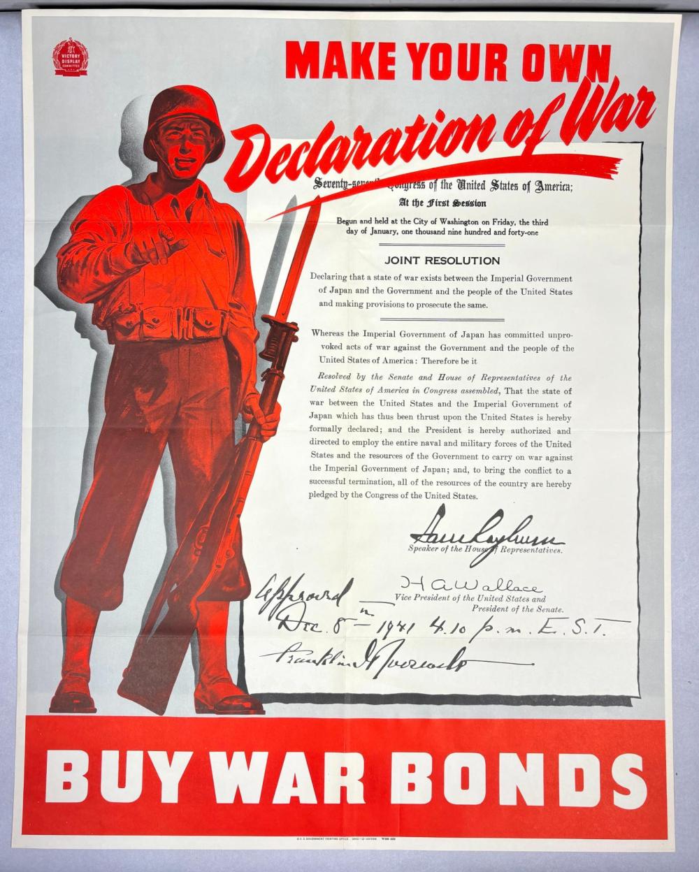 World War II–style poster showing a red-uniform soldier pointing, a document titled “Declaration of War,” and the text “BUY WAR BONDS.”