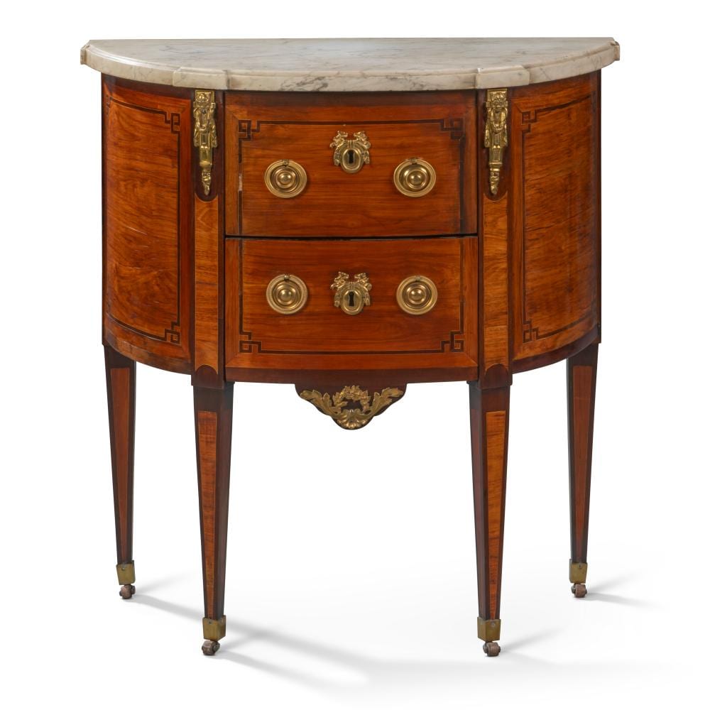 Anton Sminck Pitloo comparable auction result: a louis xvi ormolu mounted tulipwood and amaranth demi lune commode by ant