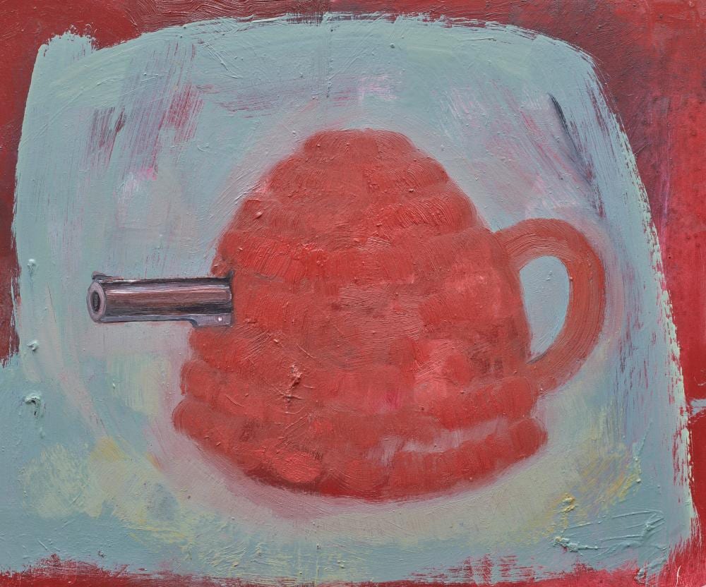 Rita Duffy comparable auction result: rita duffy b 1959 tea cosy gun oil on board 12 x 15 in 31 8 x 38 1