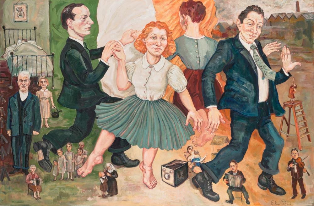 Rita Duffy comparable auction result: rita duffy b 1959 crossroads dancing oil on linen 48 1 8 x 72 1 8 in