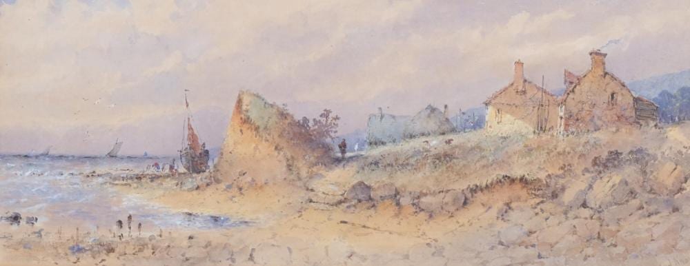 George James Knox comparable auction result: george james knox 1810 1897 fishing boat and cottage on shore watercolour on paper signed 51cm x 20cm framed some browning and fading of pap