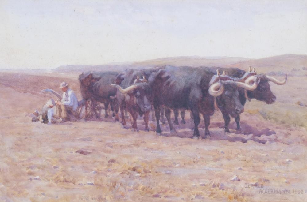 Gerald Ackermann comparable auction result: gerald ackermann 1876 1960 ploughman at rest watercolour signed and dated 1902 52cm x 34cm framed light foxing and discolouration otherwise
