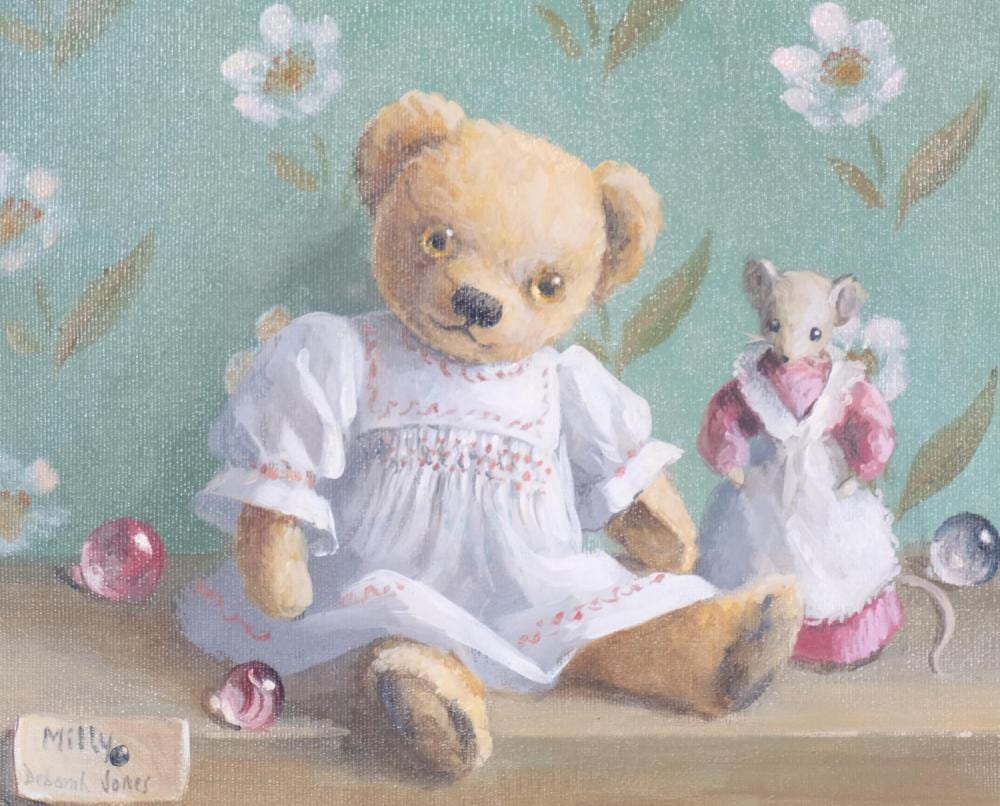 Deborah Jones comparable auction result: deborah jones milly bear still life oil on canvas signed 24cm x 29cm framed good condition with omell galleries central london label to rever