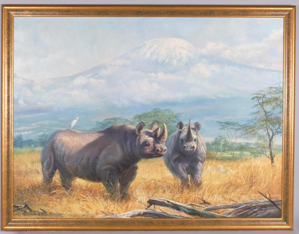 Arthur Spencer Roberts comparable auction result: arthur spencer roberts 1920 1997 rhino in the bush under mount kilimanjaro oil on canvas signed 91cm x 121cm framed provenance from family