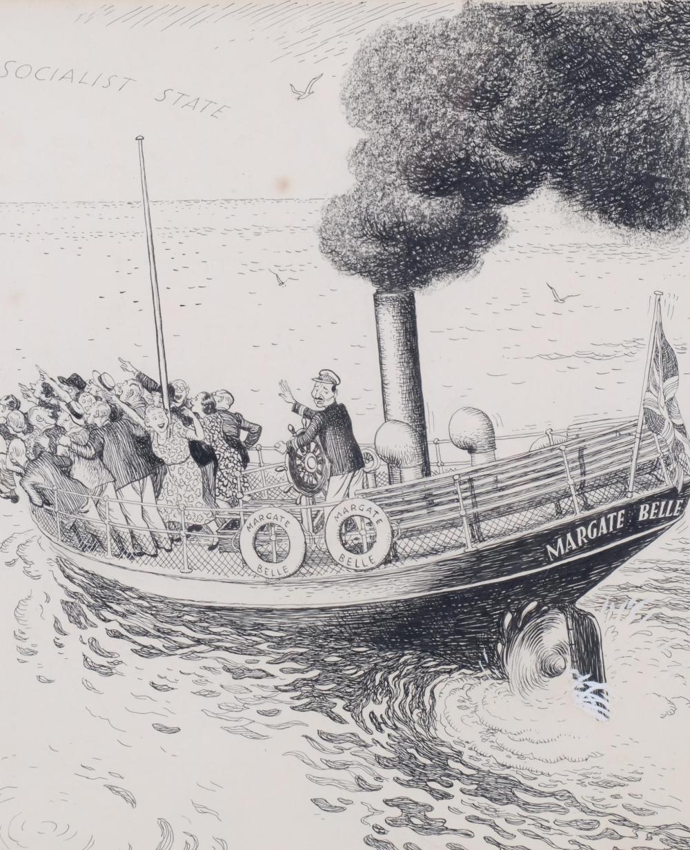Leslie Gilbert Illingworth comparable auction result: leslie gilbert illingworth 1902 1979 margate belle original pen and ink political cartoon 34cm x 29cm fox mark in the sky and slight paper dis