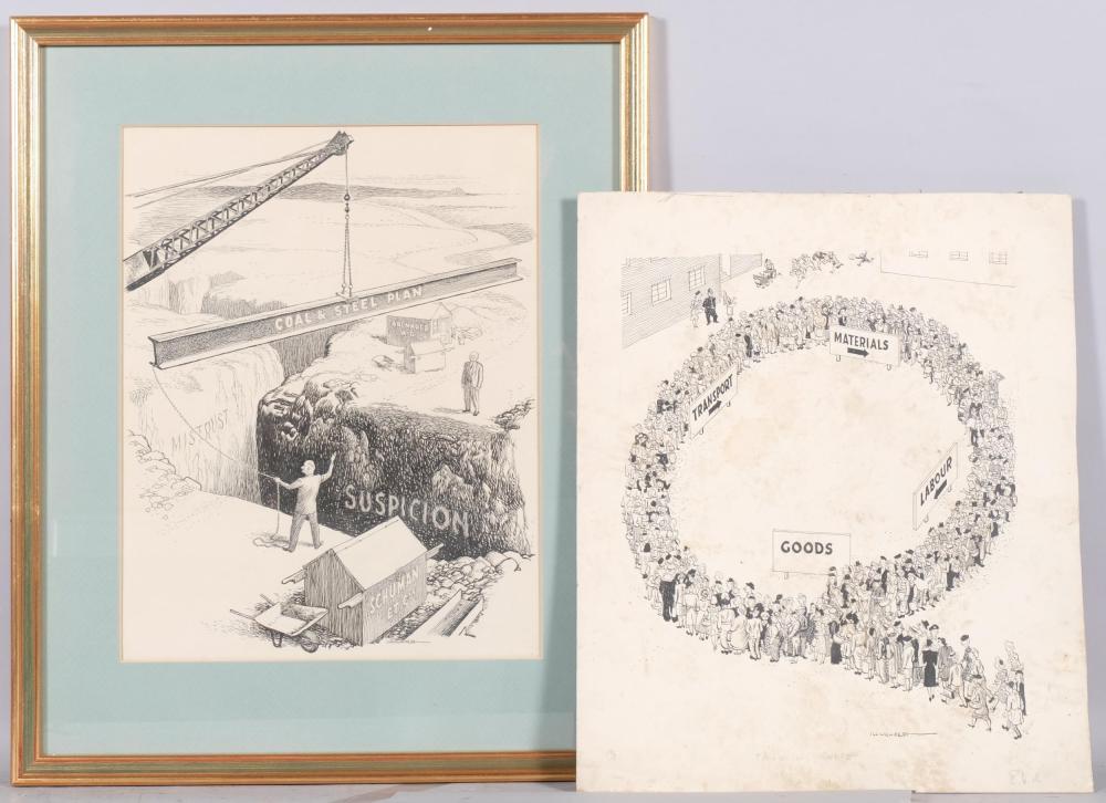 Leslie Gilbert Illingworth comparable auction result: leslie gilbert illingworth 1902 1979 2 untitled political caricature drawings 34cm x 28cm 1 framed and 1 unframed foxing and discolouration
