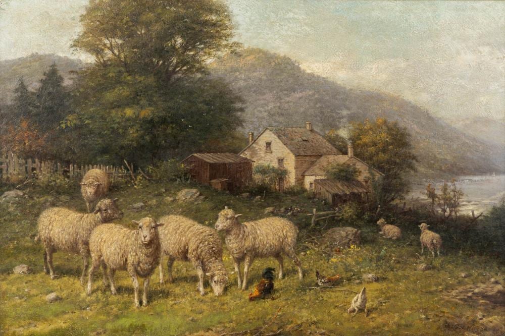 George Riecke comparable auction result: george riecke 1848 1930 sheep near the farm w 76 x h 51 cm