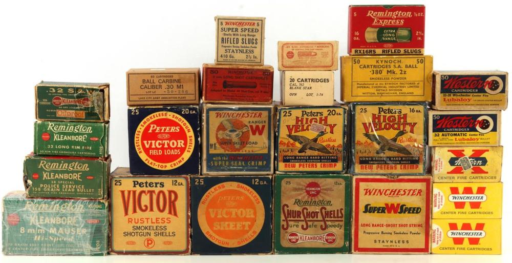 ANTIQUE AMMUNITION RIFLE PISTOL SHOTGUN 28 BOX LOT sold by Affiliated Auctions & Realty LLC, lot 6270 — auction record photograph