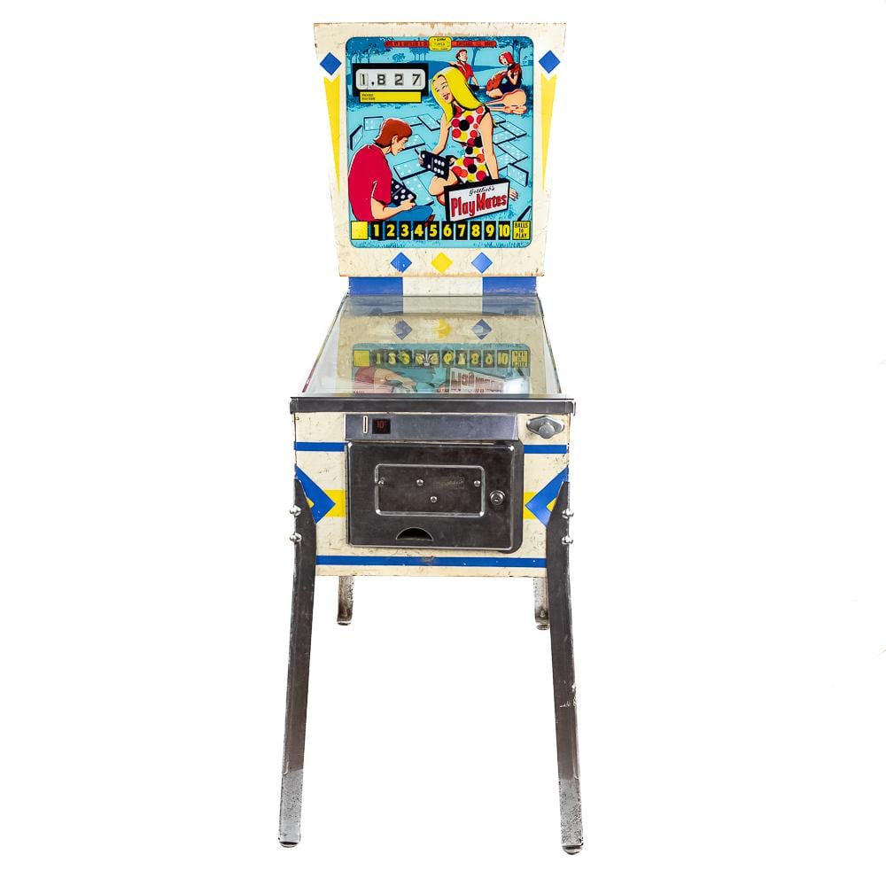 Vintage pinball machine with a colorful top playfield labeled “PlayMates,” featuring numbers 1–10 and illustrated characters.