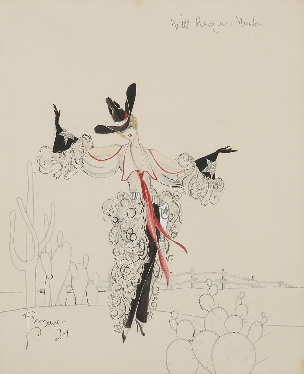 Charles Lemaire comparable auction result: charles lemaire 1897 1985 costume design for will rogers number in ziegfeld follies approximately 19 x 15 1 2 in 48 3 x 39 4 cm