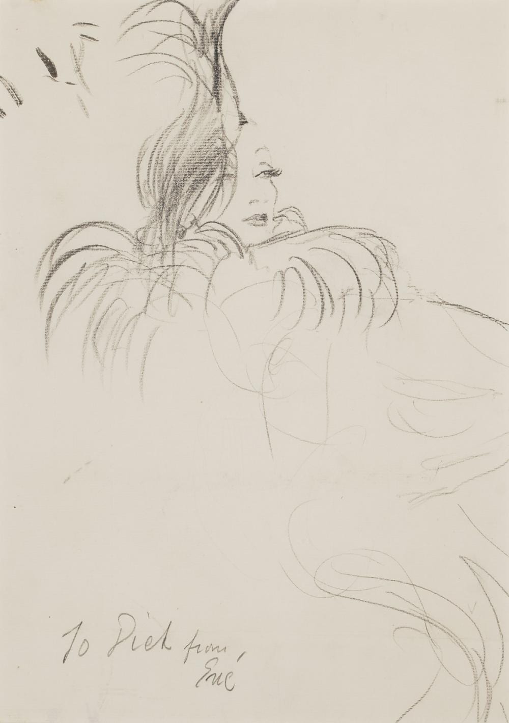 Eric Castel comparable auction result: eric carl oscar august erickson 1891 1958 portrait of marlene dietrich wearing a monkey shawl and hat by caroline reboux 1936 14 x 10 in 35 6 x 25 4 cm
