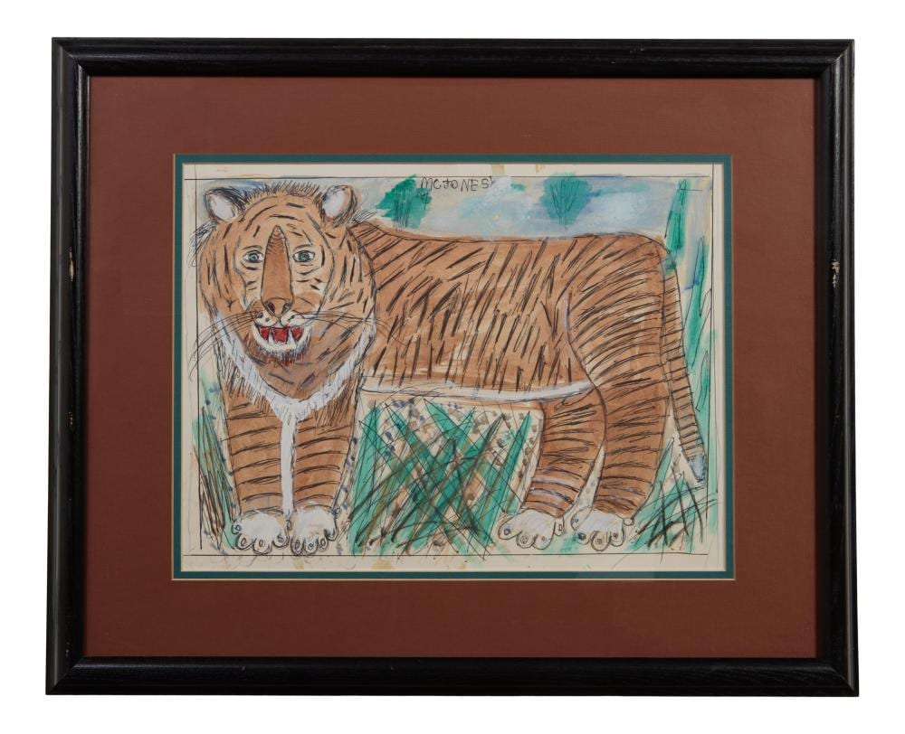 mc 5 cent jones american louisiana 1917 2003 tiger probably mike the tiger sight h 10 3 4 in w 14 3 8 in framed h 17 7 8 in w 21 7 8 in · Crescent City Auction Gallery · 2024-11-08 MC "5 Cent" Jones comparable auction result: mc 5 cent jones american louisiana 1917 2003 tiger probably mike the tiger sight h 10 3 4 in w 14 3 8 in framed h 17 7 8 in w 21 7 8 in
