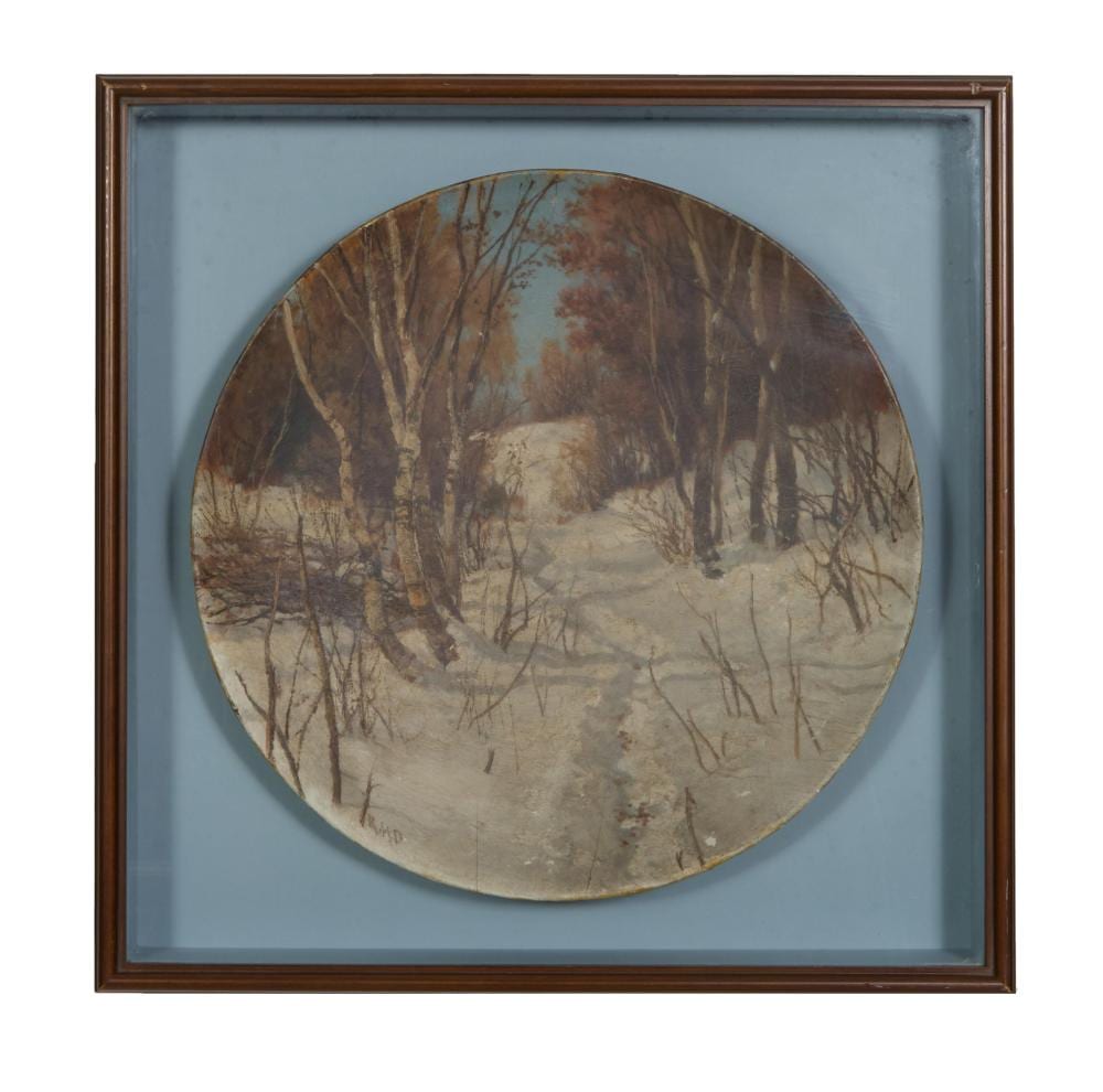 Robert Melvin Decker comparable auction result: robert melvin decker american new york 1847 1921 winter landscape adirondacks plate dia 15 in framed h 16 3 4 in w 20 1 4 in