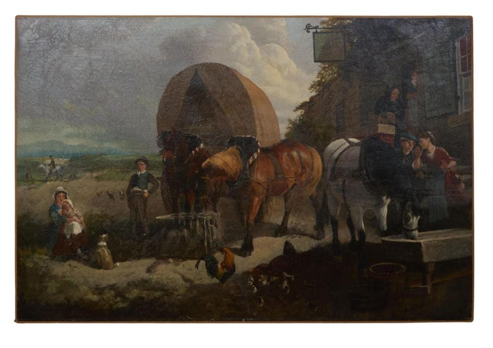 Henry Charles Woollett comparable auction result: henry charles woollett united kingdom 1826 1893 covered wagon stopped outside an inn 1881 h 24 in w 36 in
