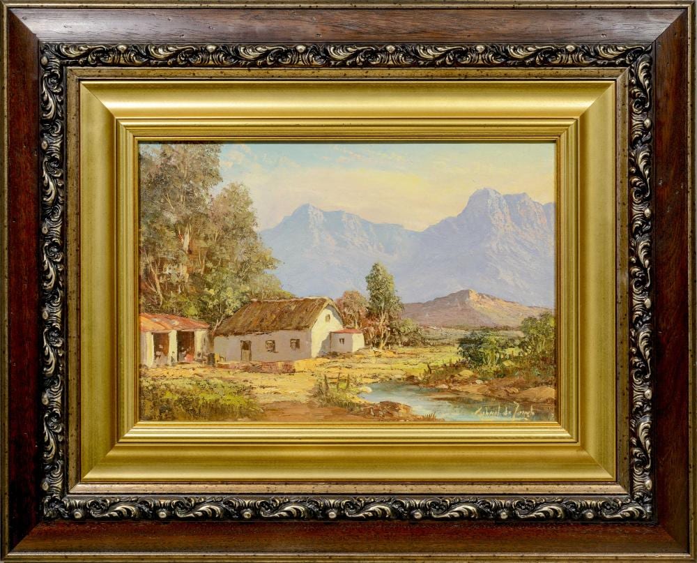 Gabriel DeJongh comparable auction result: gabriel de jongh sa 1913 2004 oil mountain landscape with cottages signed 32 x 46