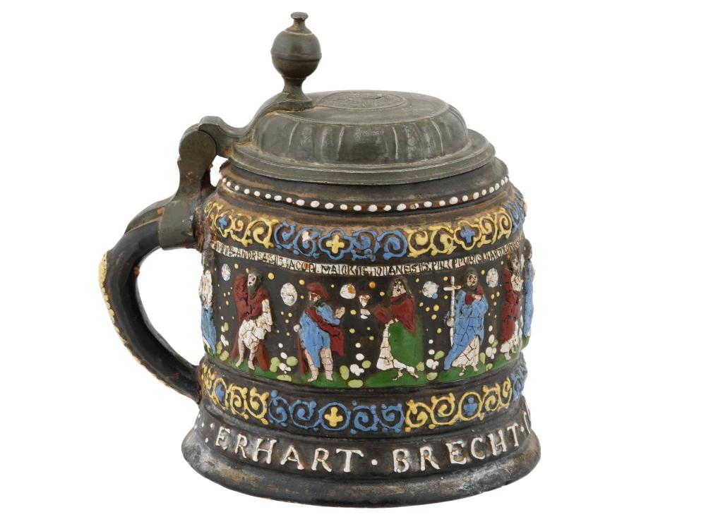 ANTIQUE 17TH C GERMAN STONEWARE APOSTELKRUG BEER STEIN sold by Antique Arena Inc, lot 259 — auction record photograph