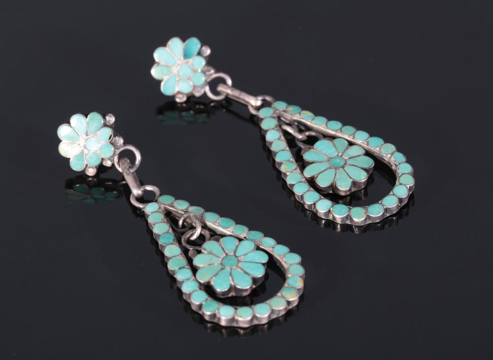 Auction comp thumbnail for Zuni Dishta Turquoise & Silver Dangle Earrings Native American Jewelry (Ace Of Estates, Lot 923009)