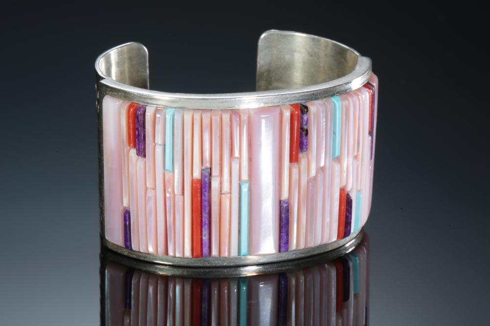 Navajo Veronica Benally Contemporary Multistone Cuff Bracelet Native American Jewelry Pink MOP Turquoise Sugilite Coral SZ: 6.25 sold by Ace Of Estates, lot 923161 — auction record photograph