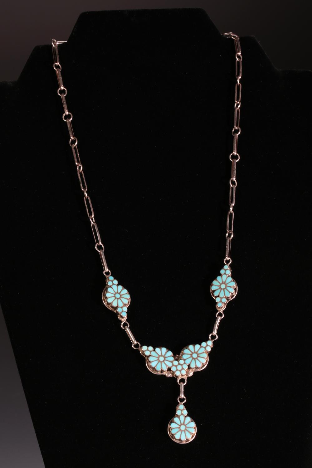 Auction comp thumbnail for Zuni Vincent Marvina Dishta Turquoise & Silver Flush Channel Inlay Necklace Native American Jewelry (Ace Of Estates, Lot 923309)