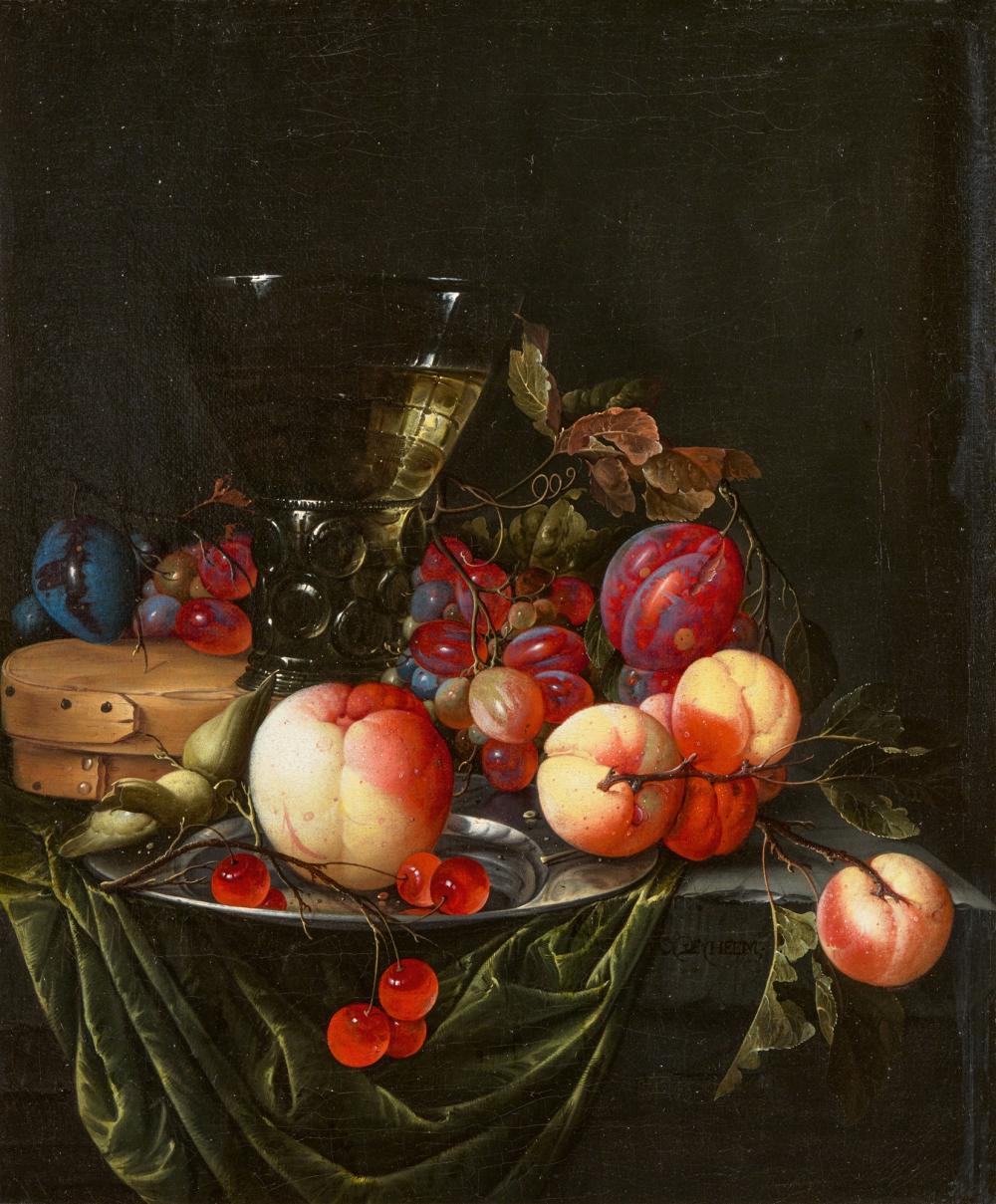 Cornelis de Heem comparable auction result: cornelis de heem still life with a r mer a wooden box and a silver plate with fruit on a dark green velvet cloth