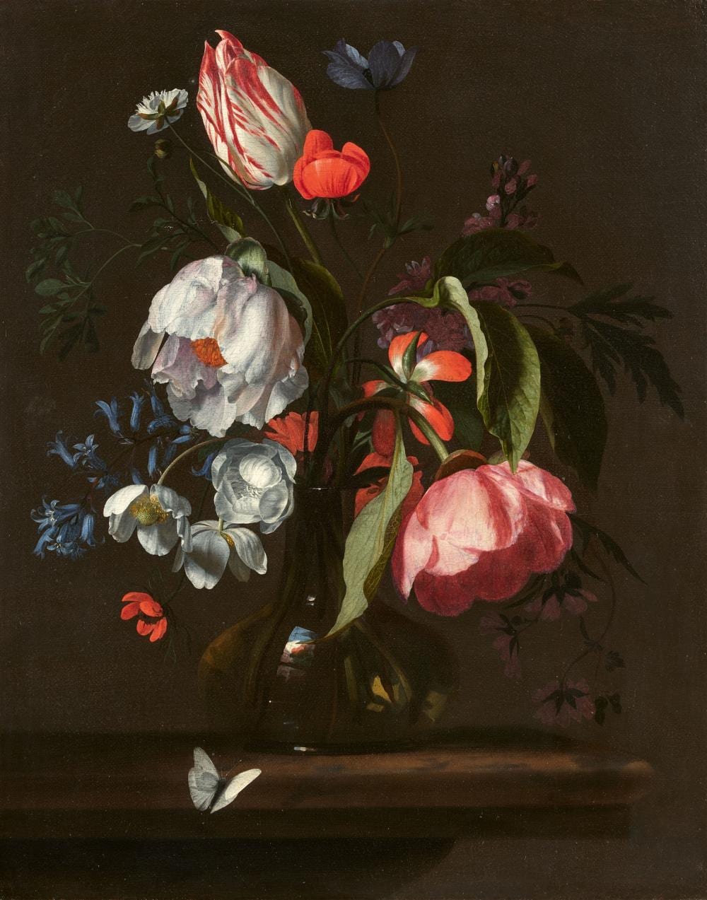 Simon Verelst comparable auction result: simon verelst still life with a tulip peonies poppies delphinium and anemones in a glass vase and a butterfly