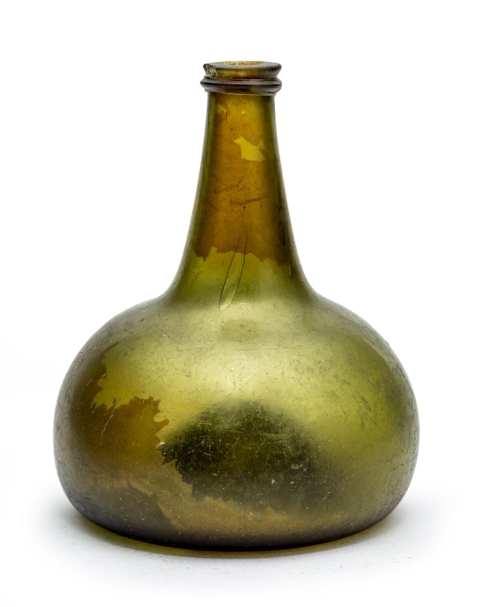 Green glass onion wine bottle with short neck and flared shoulder on a white background.