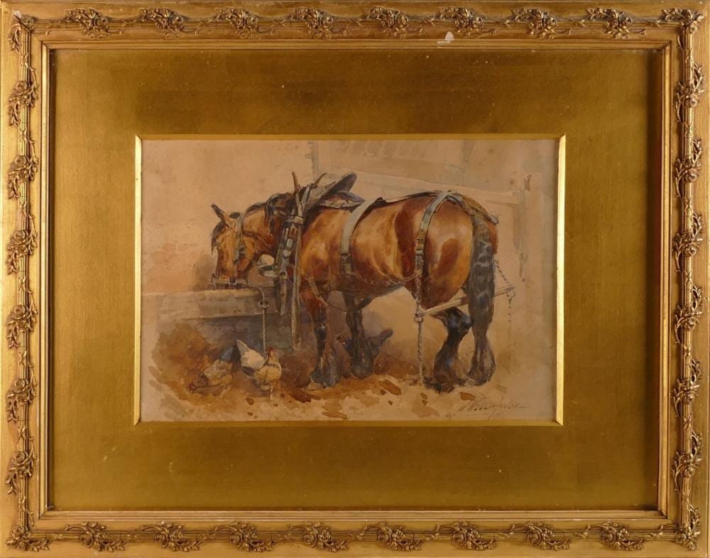 William Woodhouse comparable auction result: william woodhouse 1857 1939 vignette of a reigned shire horse and chickens at the trough watercolour on paper in a rose moulded trellis frame beh