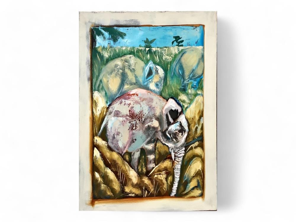 Michael Jung comparable auction result: michael jung american 1936 2022 three elephants acrylic and oil paint on canvas measures 30 x 40