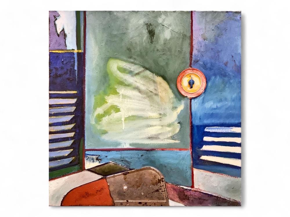 Michael Jung comparable auction result: michael jung american 1936 2022 timer at a window acrylic paint with assemblage measures 24 x 24