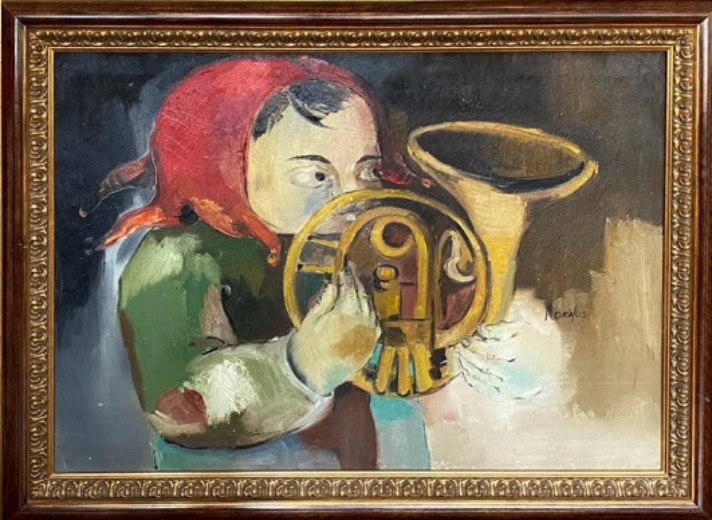 Dario Morales (1944-1988) Bufón con tuba, 1963 Óleo sobre lienzo encolado a tabla Medidas: 70 x 100 cm comparable sale