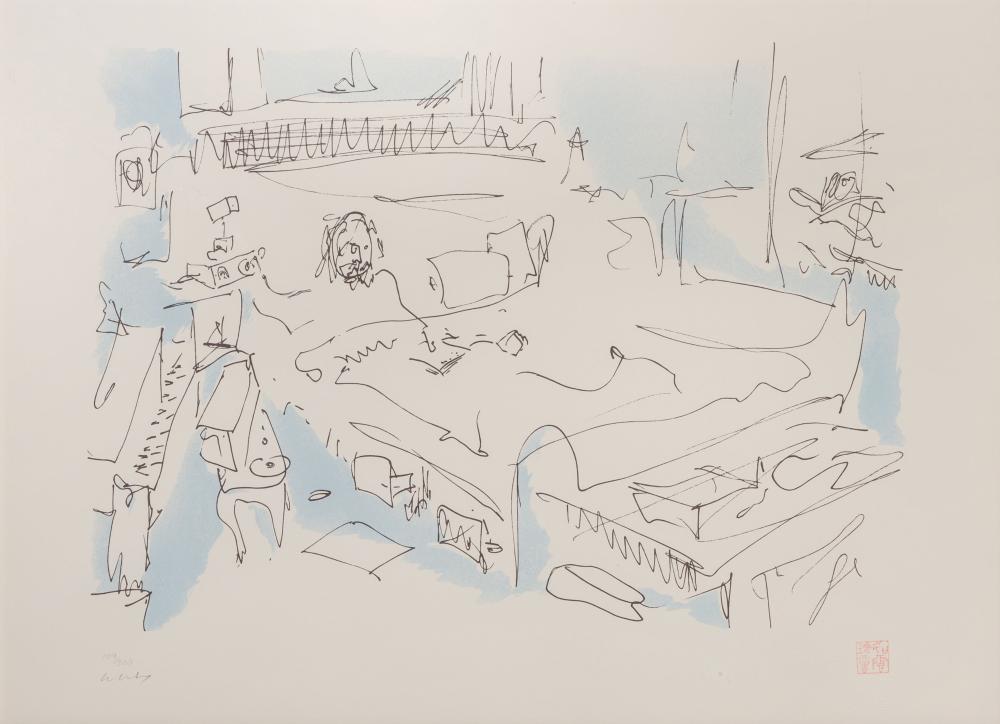 Abstract line drawing and blue wash showing a busy interior-like scene with figures and objects on a wall and floor.