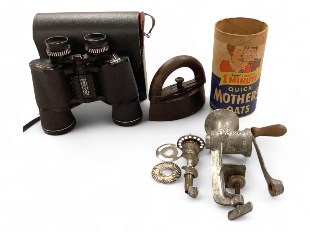 (4) Vintage Items Including Boyer Meat Grinder, Sad Iron & Empire Binoculars sold by Apple Tree Auction Center, lot 4156 — auction record photograph