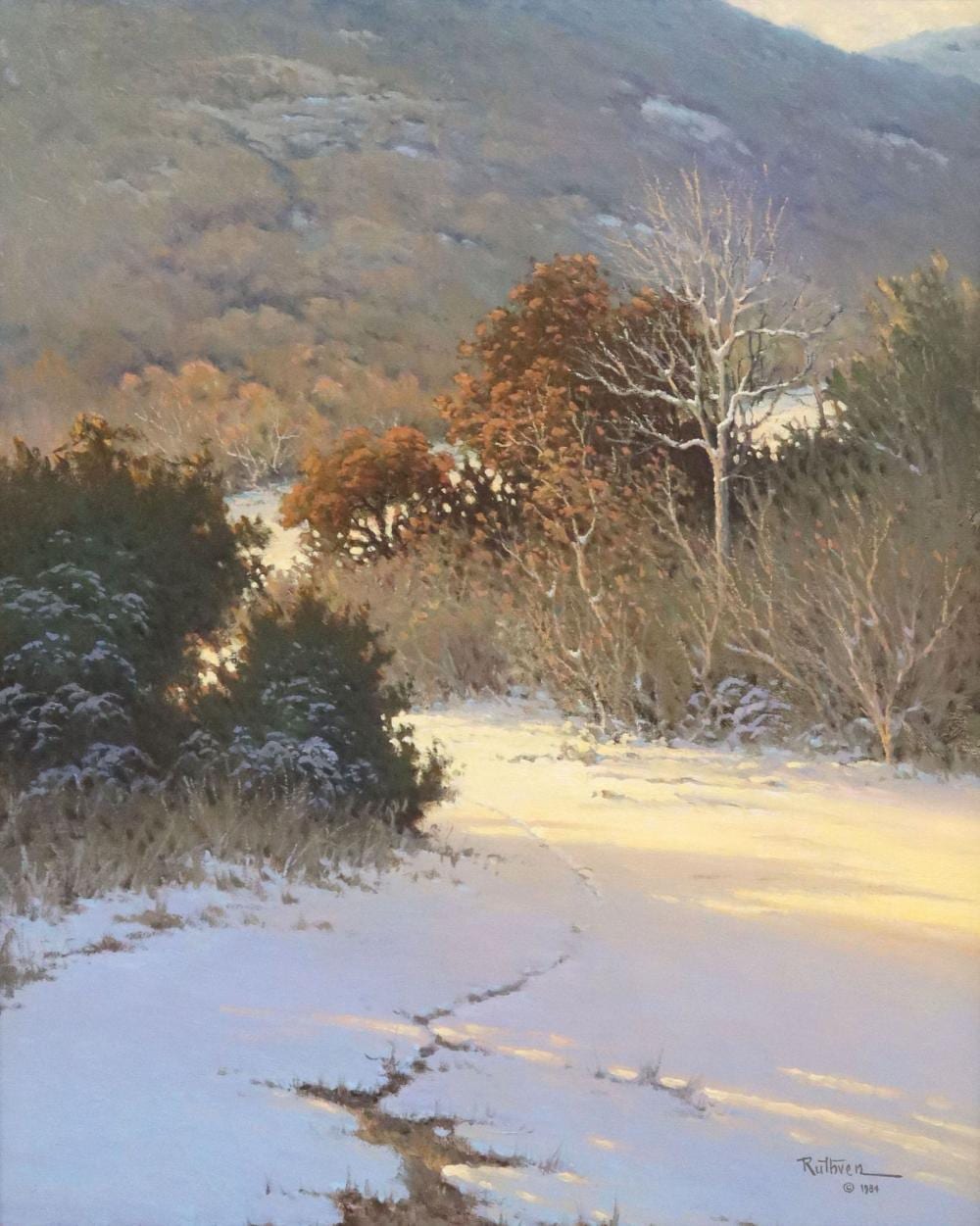 Jerry Ruthven comparable auction result: jerry ruthven b 1947 oil painting winter sunrise 30 x 24